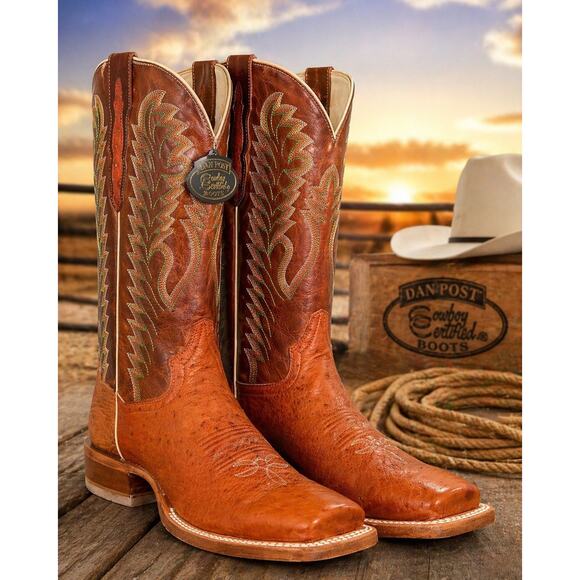NEW Dan Post Smooth Ostrich Cowboy Boots Cognac Square Toe Western Cowboy 9 D